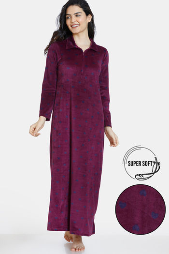 Zivame Velour Knit Poly Full Length Nightdress Potent Purple